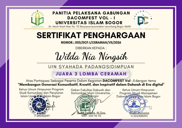Wilda Nia Ningsih Prodi MD Harumkan Nama FDIK UIN Syahada dengan Raih Juara III Lomba Ceramah Nasional Dacomfest Vol. I 2026